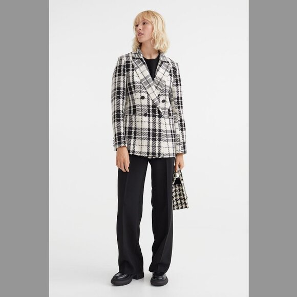 2-pc NWT H&M black & white plaid textured-weave blazer and skirt set, Sz S & 8 - Picture 3 of 12